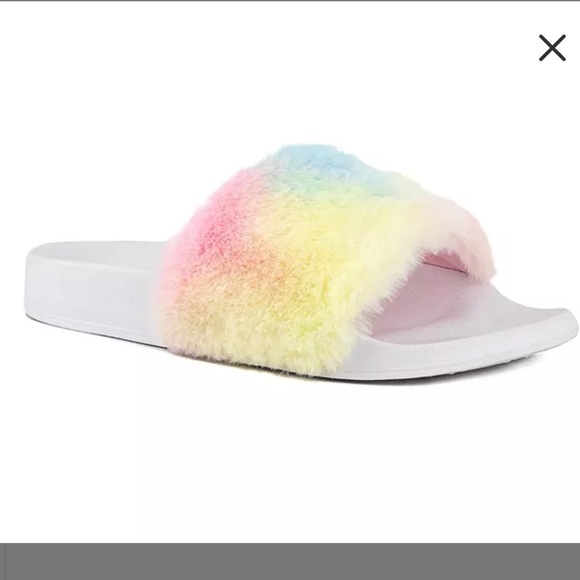 Sugar Shoes - Sugar Women's White & Pastel Tie-Dye Faux Fur Slide.
